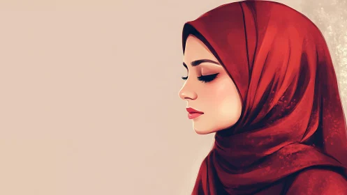 Elegant woman in red hijab, digital painting with soft tones.