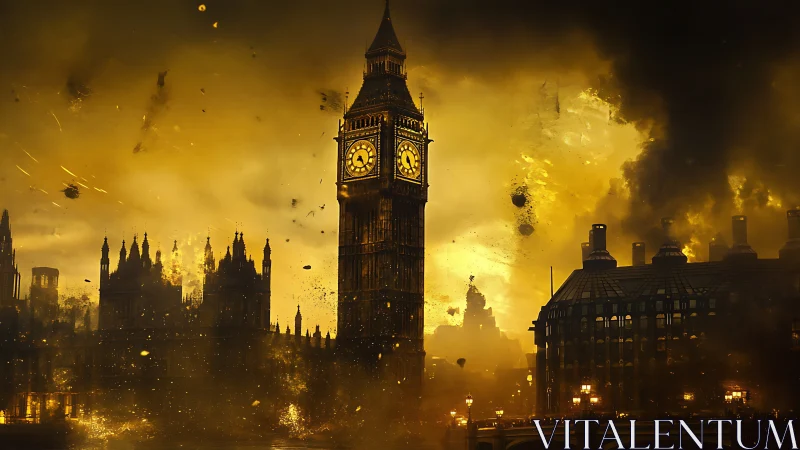 Big Ben skyline burns under apocalyptic golden smoke