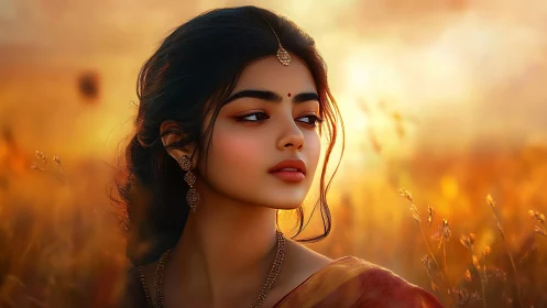 Golden hour portrait of serene Indian woman in sari.