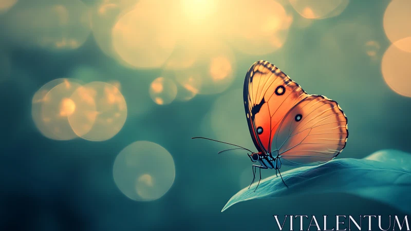 Orange butterfly on leaf with defocused circular light bokeh.