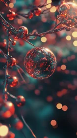 Glowing glass sphere on red metallic berry branches.
