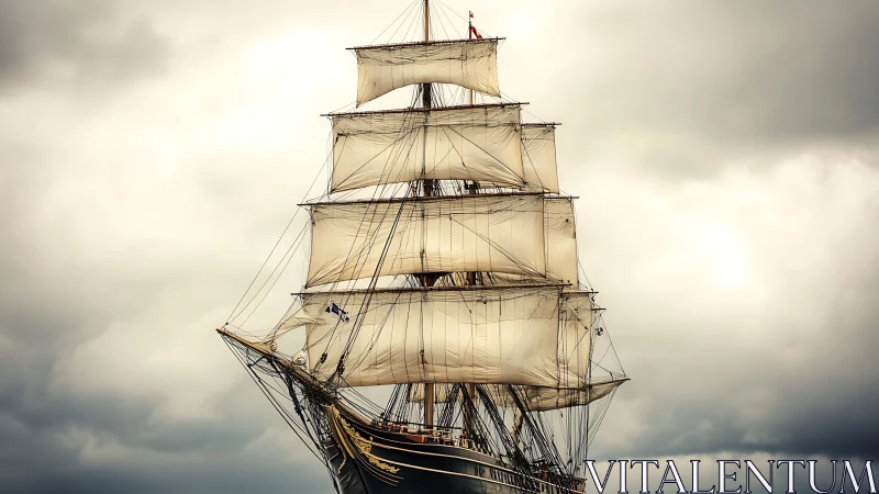 Tall ship unfurls ivory sails beneath brooding storm clouds.