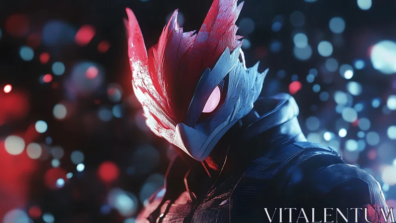 Cyber avian warrior with glowing mask in neon haze.