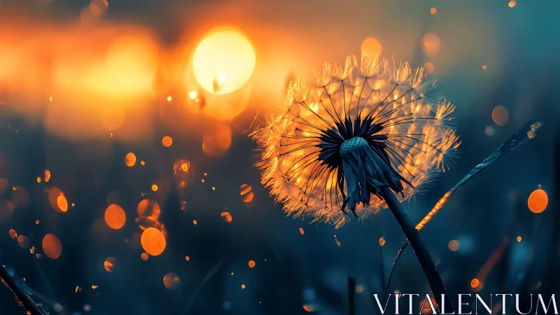 Glowing dandelion seed head burns softly against sunset bokeh