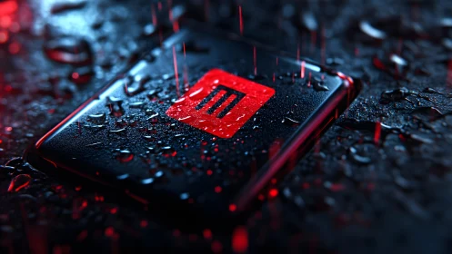 Futuristic wet pause button illuminated in neon red and black.