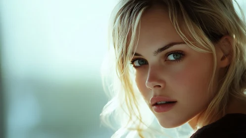 Sunlit gaze of a serene young woman in soft teal haze.