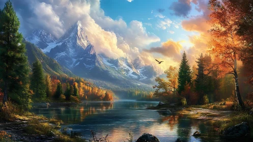 Snowcapped mountain valley with luminous autumn forest reflections.