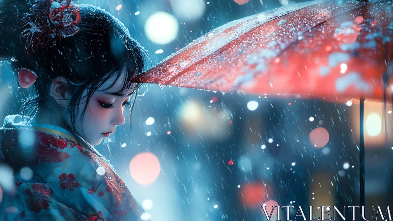 Girl in floral kimono holding umbrella in blue night rain.