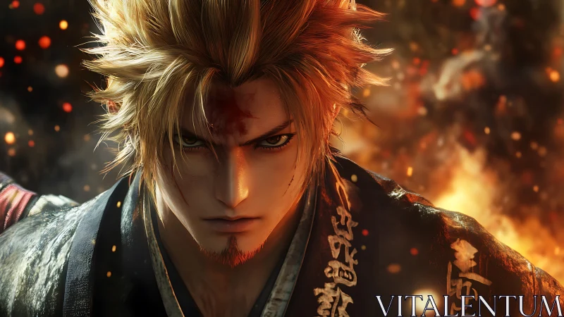 Samurai warrior portrait amid glowing embers and fire background.