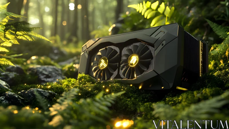 Powerful gaming GPU in lush forest, cinematic lighting and detail.