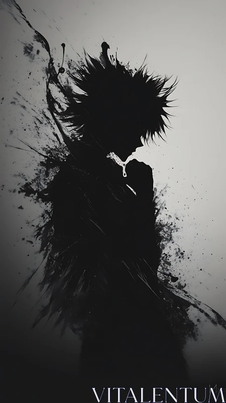 Ink-splattered silhouette portrait with spiked hair profile.