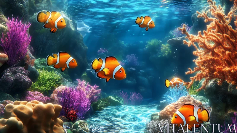 Clownfish swim through colorful coral reef in clear water