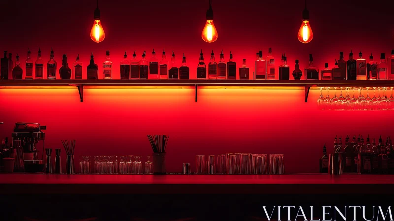 Cozy red-lit cocktail bar glowing with warm evening energy.