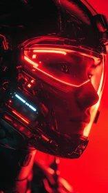 Neon-limned cybernetic visor enclosing human facial profile.