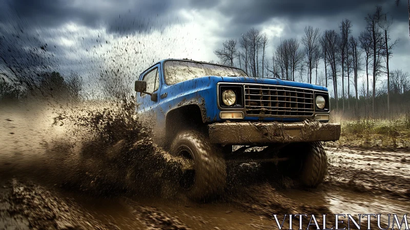 Blue off-road truck powers through muddy forest trail storm
