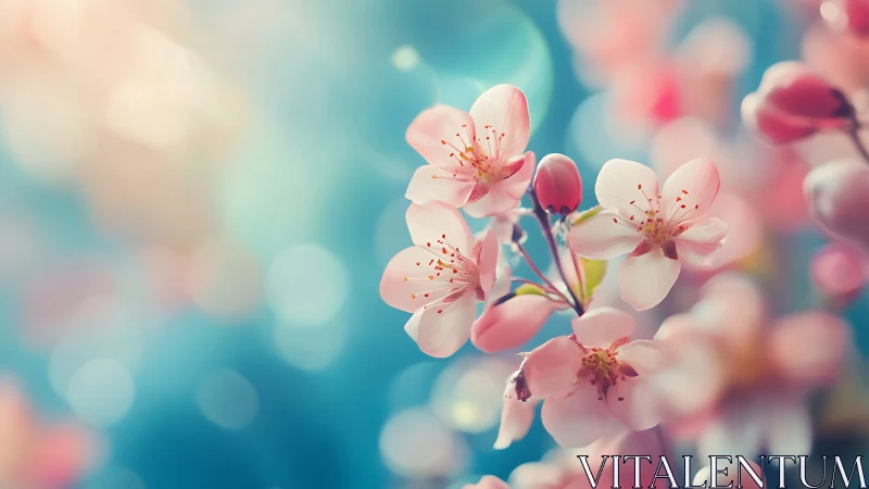 Cherry Blossom Macro: Delicate Pink Petals with Golden Stamens Composition
