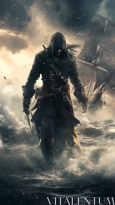 Hooded pirate strides storm surge before burning warship.