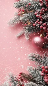 Snow-dusted conifer branches frame pink ornament on backdrop