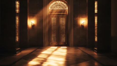 Sunlit doorway carves molten geometry across marble silence