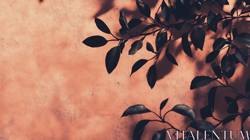 Dark Leafy Branch Shadows on Warm Peach Wall, Minimalist Style.