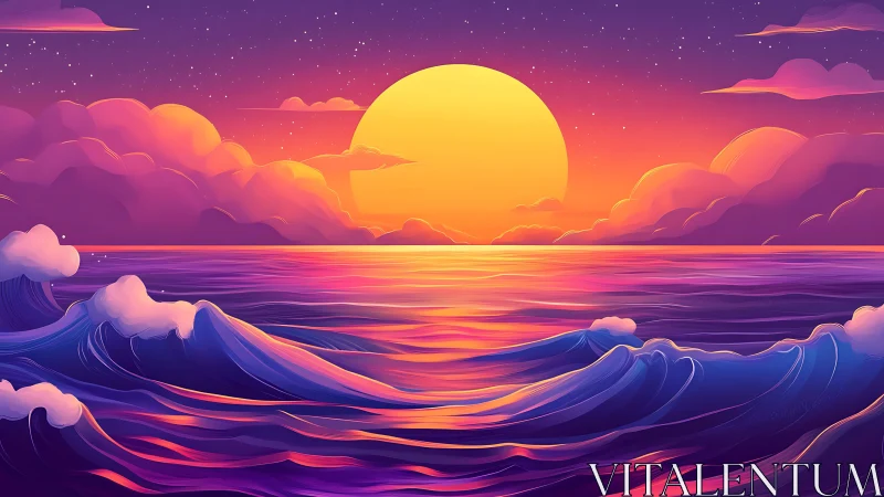Chromatic ocean waves under a hyper-saturated digital sunset.