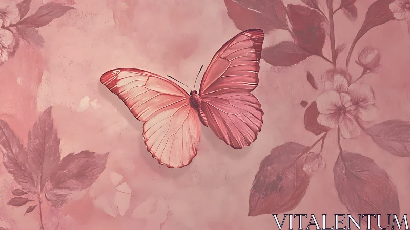 Monochrome pink butterfly rendered over soft floral textured ground