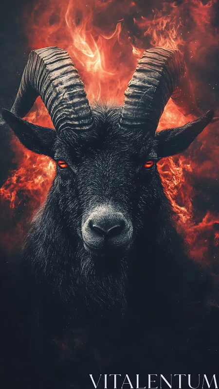 Black goat head with flaming red background fills frame