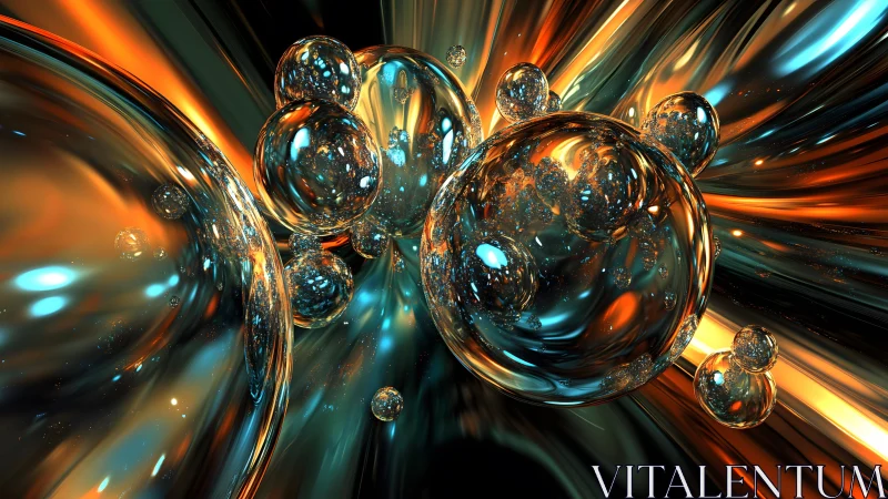 Shimmering Glass Spheres in Abstract Neon Light Burst Art.