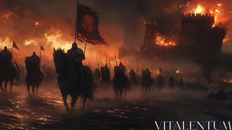 Armored cavalry advances past burning medieval fortress at night.