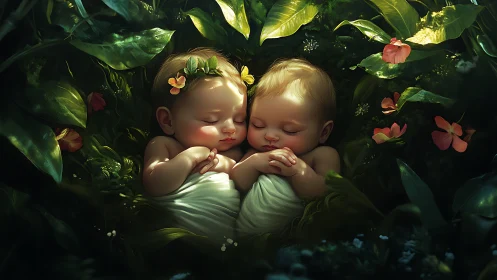 Twin babies sleeping in lush green foliage and flowers.