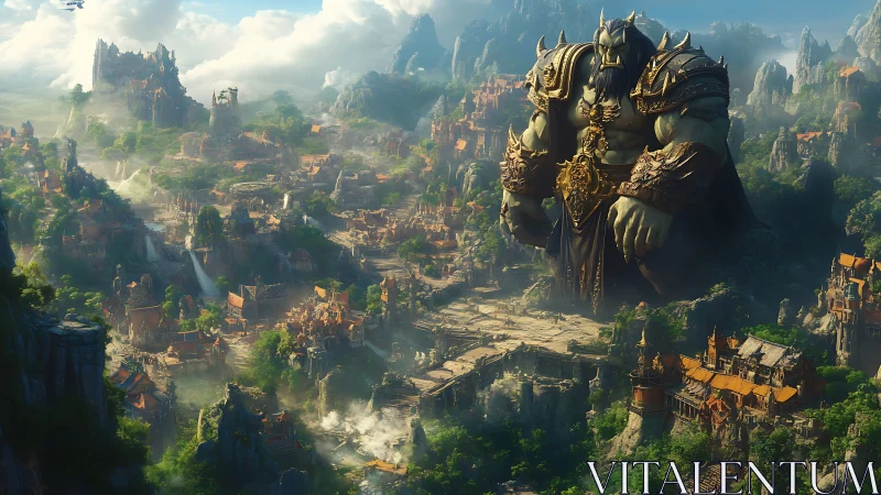 Colossal armored giant seated within dense fantasy cityscape.