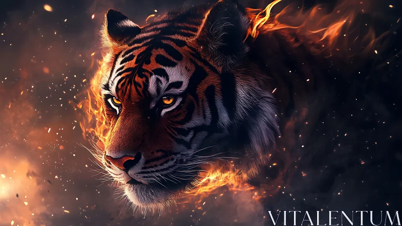Fiery tiger spirit shining through glowing embers at night.