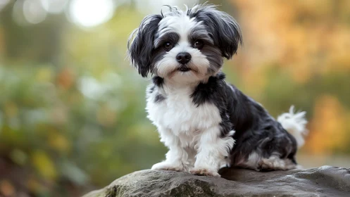 Fluffy woodland pup posing proudly on a sunlit river stone.