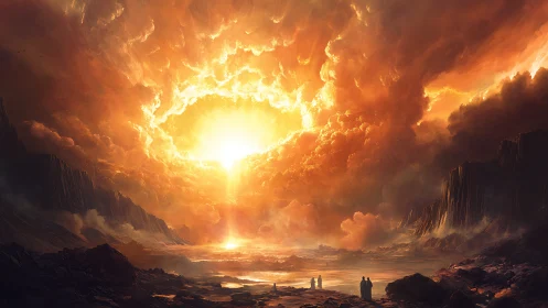 Apocalyptic sunstorm tears burning sky above ruined shore.