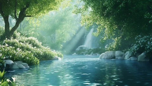Serene forest river with soft volumetric light and foliage detail.