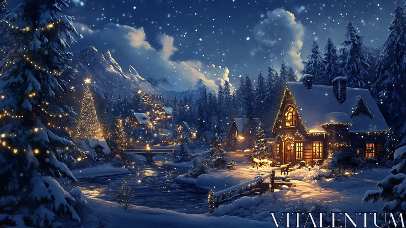 Snowy alpine village glowing with festive winter lights.