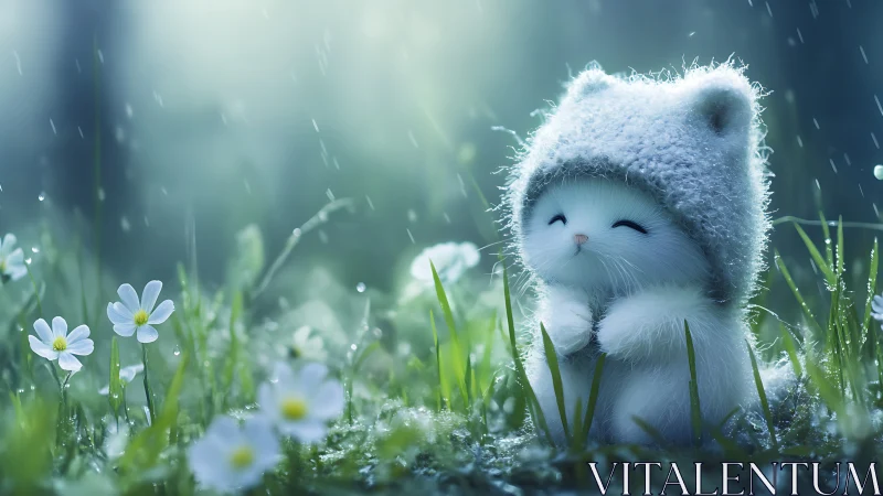 Small white creature in knit hat sits among wet grass