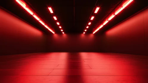 Red LED illuminated corridor with reflective floor surfaces