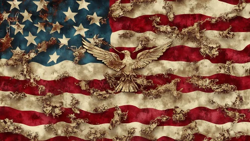 Weathered American flag with rising bronze eagle emblem.