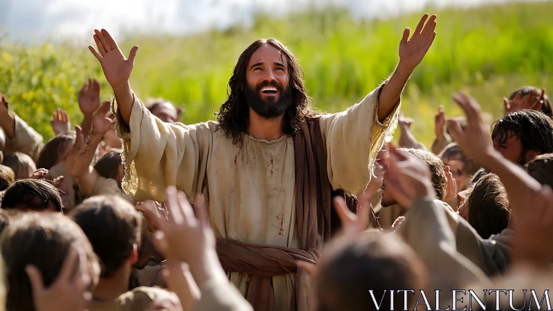 Joyful teacher raising hands among a celebrating crowd.
