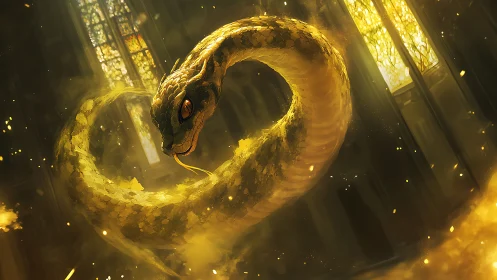 Golden spectral serpent coiled in cathedral light haloed.