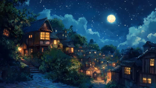 Moonlit hillside village with glowing lantern windows at night.
