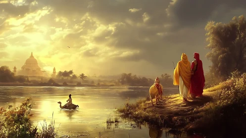 Golden riverside journey toward a distant temple at dawn.