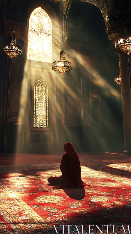Digital painting of solitary prayer in sunlit ornate mosque interior.