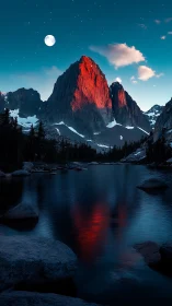 Mountain peak glows red above alpine lake at blue hour