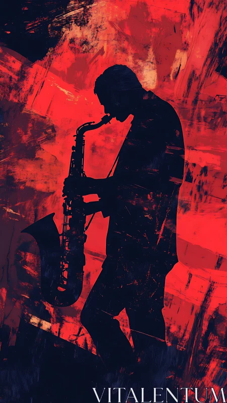 Silhouetted saxophone player melts into fiery red jazz haze