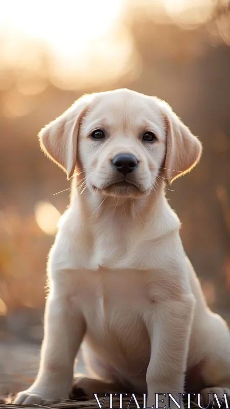 Backlit golden-hour portrait of cream-coated puppy subject.