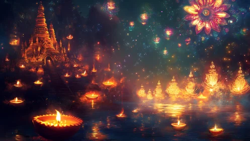 Golden rivers of festival lights glow around a dreamlike temple.