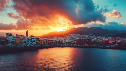 Coastal city skyline under high-saturation sunset cloud dynamics