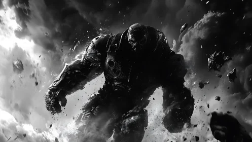 Monochrome armored giant amid storm clouds and debris.